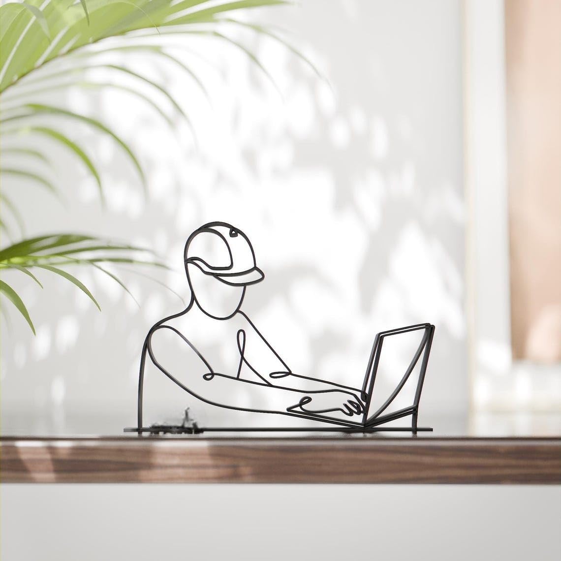 Black Computer Engineer Plastic Line Art Figure Contemporary Tech Sculpture Creative Office Desk Decor Stylish Home Display Artwork For Programmers Developers Computer Science Students Tech Lovers - Image 2