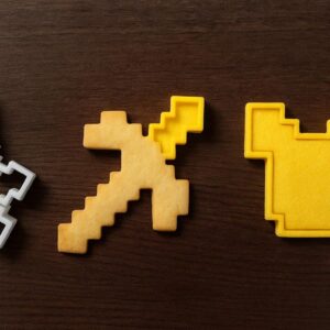 Mine Inspired Cookie Cutter Set with Sword Pickaxe and Chestplate Pixel Design 4 Inch Size for Baking Fondant Biscuits Crafts Clay Projects Cake Decoration Video Game Party