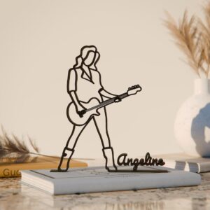 Personalized Black Female Bass Guitarist Plastic Line Art Sculpture with Custom Name or Message, Modern Minimalist Musician Figurine for Studio, Living Room, or Office Decor India