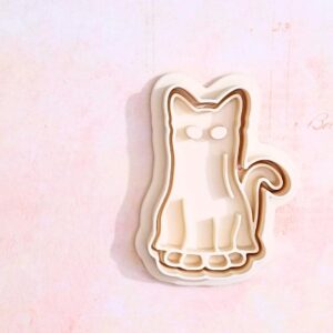 Cat in costume ghost cookie cutter set for making shortbread cookies fondant biscuits sugar paste cake decorations perfect for Halloween baking spooky desserts party treats crafts