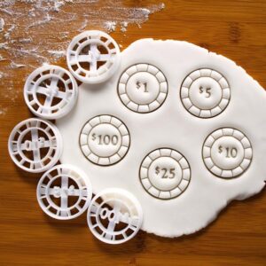 Set of 5 Poker Chip 25 Dollar Cookie Cutters Casino Theme Parties Biscuit Fondant Clay Sugar Paste Craft Pokerchips Game Tokens Edible Decorations Baking Tools Gambling Night (ONLY 25 DOLLAR)