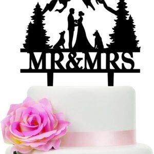 Mountain Wedding Cake Topper, Mr & Mrs Cake Decoration with Dog, Outdoor Forest Theme Cake Rustic Weddings, Nature Lovers, Hiking Couples, Adventure Wedding, Wood Marriage Celebration (7 inch)