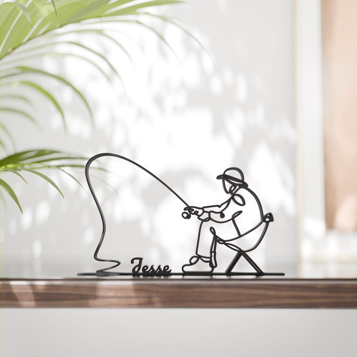 Black Fisherman Plastic Line Art Figure Modern Minimalist Fishing Sculpture Artistic Home Decor Gift for Fishermen Nature Lovers Lake River Cabin Display Office Desk Decoration India - Image 2