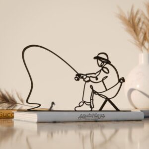 Black Minimalist Fisherman Plastic Line Art Sculpture Modern Fishing Artwork for Home Decor Office Desk Cabin Interior Display Unique Gift for Anglers Nature Lovers and Outdoor Hobby Collectors India