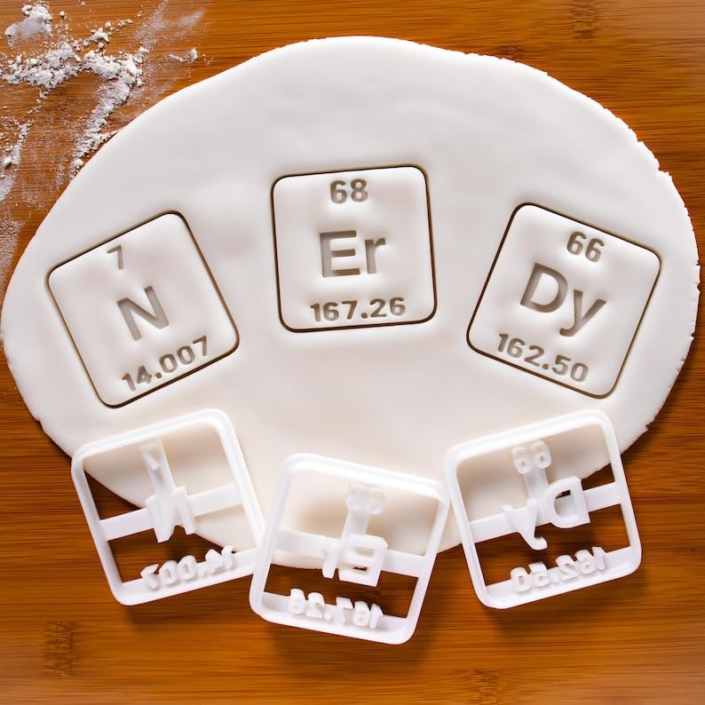 NERDY cookie cutters inspired by periodic table chemical elements Nitrogen Erbium Dysprosium atomic numbers atomic weights for science baking chemistry gifts educational classroom (ONLY NERDY)