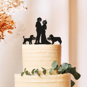 Halloween Wedding Cake Topper with Pumpkin, Cat, and Dog | Mr and Mrs Cake Topper with Pets | Unique Halloween-Themed Wedding Cake Decoration | Spooky Dog Cat Cake Topper Celebrations (4 inch)