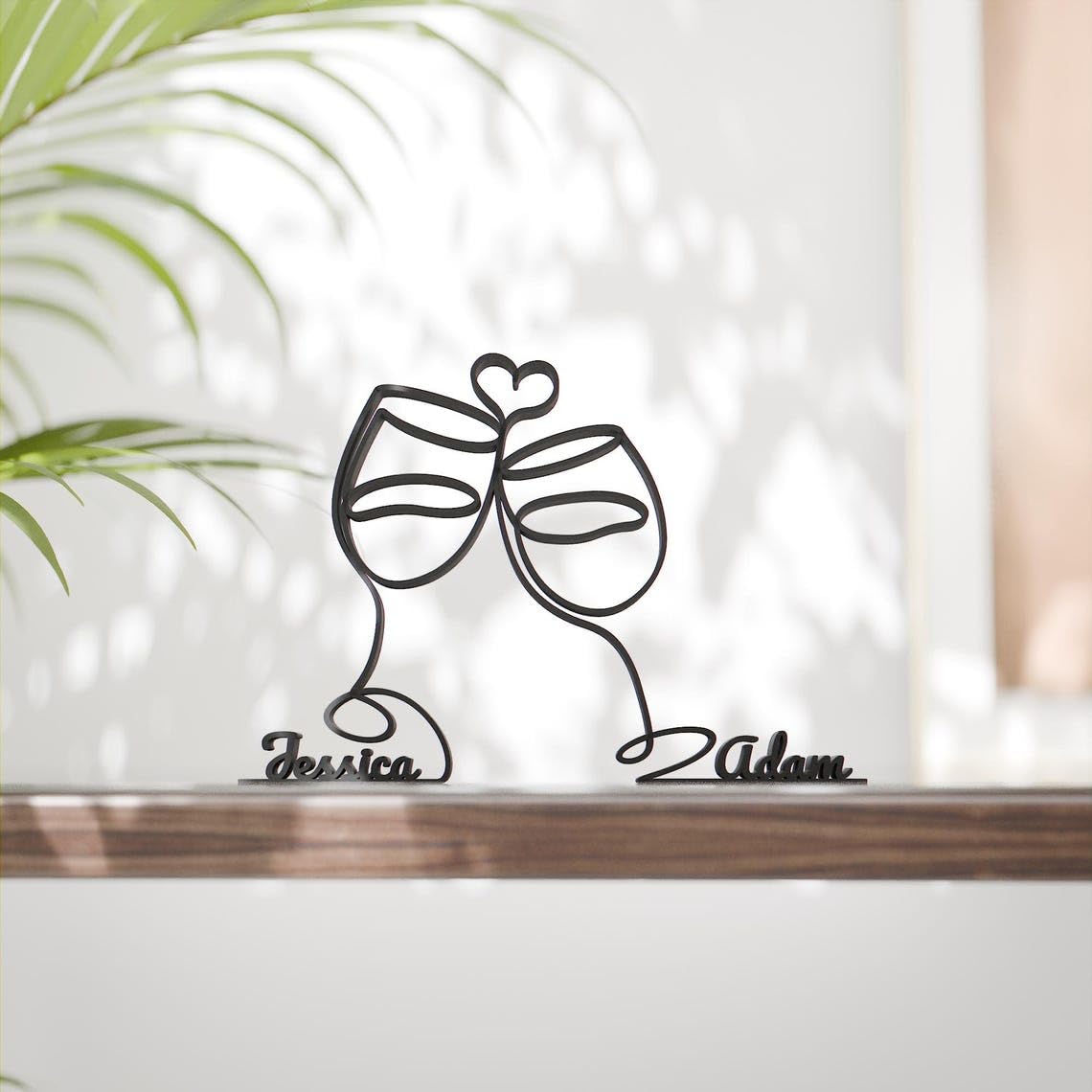 Black Personalized Wine Glasses Plastic Line Art Sculpture for Couple Home Decor, Romantic Customized Artwork for Wedding, Engagement, and Anniversary Gift Decoration India - Image 2
