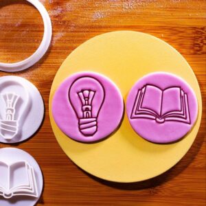Think and Learn Mini Cookie Cutter and Stamp Set 2 Inch Light Bulb and Book Shape for Educational Cookies Cupcake Toppers School Theme Cake Decorations Teachers Classroom Learning Party