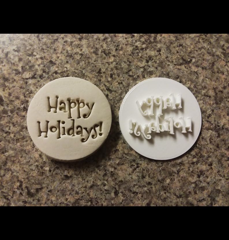 Happy Holidays V02 Christmas Black Cookie Embosser Stamp for Cookie and Cupcake Decorating Holiday Baking Tool for Festive Treats Winter Party Desserts Fondant Crafts and Seasonal