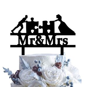 Puzzle Wedding Cake Topper | Funny Mr & Mrs Puzzle Theme Cake Decoration for Bridal Shower, Wedding, Engagement, Anniversary Party | Unique Couple Cake Topper for Celebration Decor (5 inch)
