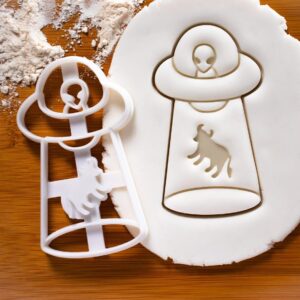 UFO Cow Abduction Cookie Design 1 Cookie Cutter India Grey Alien Spaceship Biscuit Cutter Halloween Party Extraterrestrial Paranormal Bovine Abduction Themed Baking Tool Space (ONLY DESIGN 1)