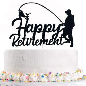 Happy Retirement Cake Topper for Fisherman | Black Fishing Retirement Party Decoration Men | Farewell Cake Topper Sign Office Colleague, Boss, Dad, Friend, Uncle � Rustic Party Decor (4 inch)