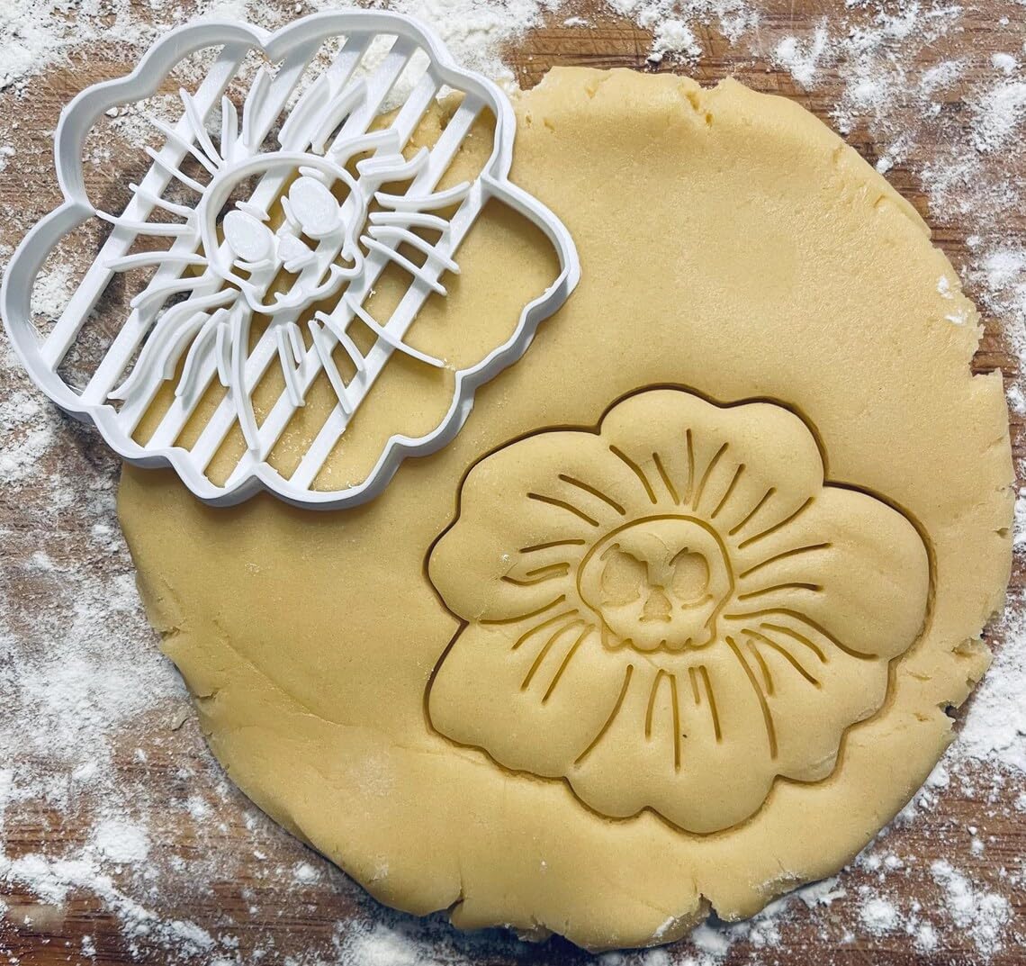 Black Skull Flower Cookie Cutter Floral Skull Biscuit Cutter Halloween Spooky Cookie Stamp with Embossing Detail for Fondant Clay Plant Lover Baking Tool Decorative Cookies - Image 2