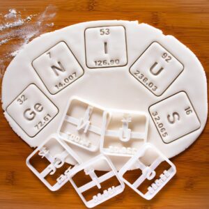 GENIUS cookie cutters inspired by periodic table elements Germanium Nitrogen Uranium Sulfur with atomic numbers weights for chemistry baking educational science class gift school (ONLY GENIUS)