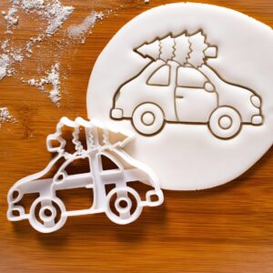Christmas Tree on Car Cookie Cutter for Baking Holiday Treats Santa Claus Transport Theme Winter Festive Celebration Pine Yule Cookies for Christmas Party Decorations and Gift Ideas
