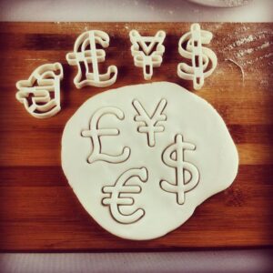 Set of 4 Cookie Money Currency Cookie Cutters for Baking and Crafting with Pound, Yen, Dollar, and Euro Shapes Suitable for Fondant, Biscuit Dough, Clay, Cheese, and Unique Themed