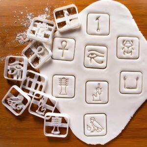 Set of 8 Egyptian Hieroglyphs Cookie Cutters Biscuit Cutters Ankh Djed Pillar Eye of Horus Scarab Moat Goddess Was Scepter Sacred Ancient Symbols Baking Tools Egypt Giza History Theme