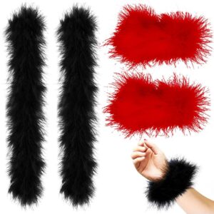 2 Pairs Feather Slap Bracelet Cuffs for Women Furry Slap on Wrist Bangle Fluffy Wristbands for Party Decoration (Black), Black, One Size (Red & Black)