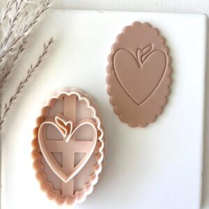 Scalloped Oval Cookie Cutter with Apple Heart Center Imprint for Baking and Clay Crafts Large Oval Clay Cutter for Polymer Clay Jewelry Making and Fondant Decorating Apple Heart Design