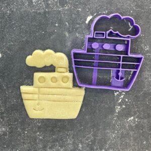Steamboat vehicle cookie cutter for baking shortbread biscuits, sugar paste shaping, fondant cutting, cake decoration, pastry crafting, nautical-themed homemade dessert making tool