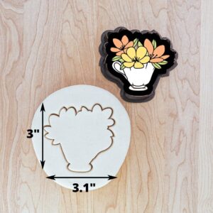 Flowers in Teacup Cookie Cutter Cookie for Fondant, Clay, Dough Outline of Floral Bouquet in Cup, Garden Tea Party Theme Baking and Craft Tool for Spring and Floral Cookies Made in