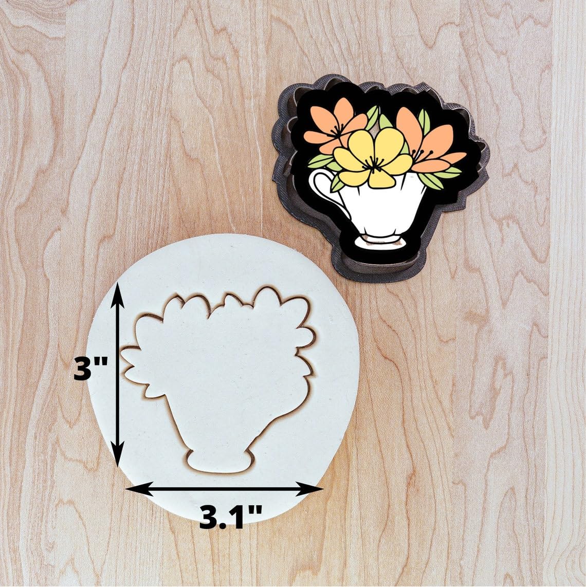 Flowers in Teacup Cookie Cutter Cookie for Fondant, Clay, Dough Outline of Floral Bouquet in Cup, Garden Tea Party Theme Baking and Craft Tool for Spring and Floral Cookies Made in